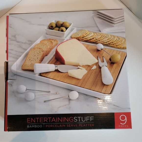 9-Piece Bamboo and Porcelain Charcuterie Board and Serving Platter - Picture 2 of 2